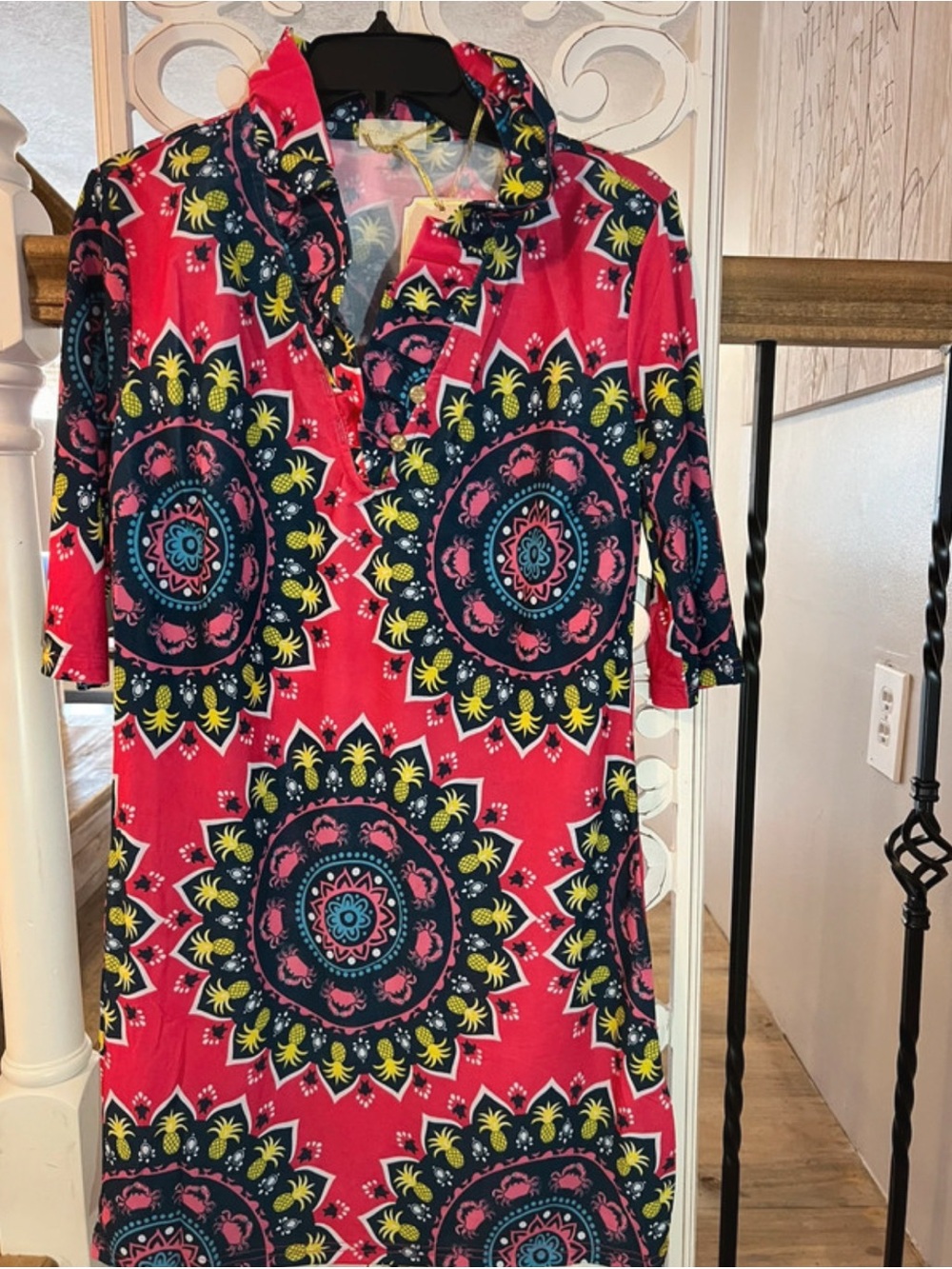 Simply Southern Hot Pink Medallion Ruffle-Trim Midi Dress